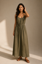 Olive green linen slip maxi dress, full front view, relaxed maxi silhouette with tie waist