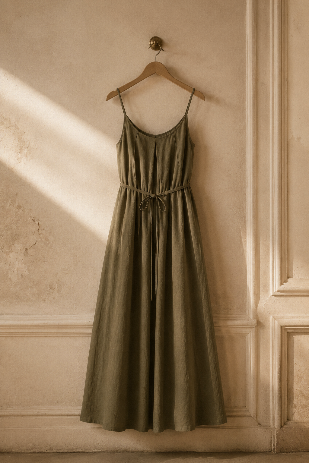 Olive green linen slip maxi dress, hanging on wooden hanger against plaster wall