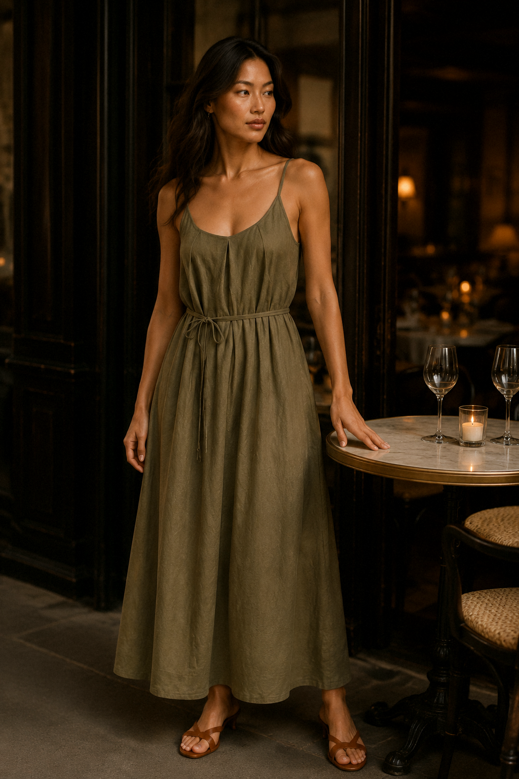 Olive green linen slip maxi dress, lifestyle, afternoon light, relaxed outdoor setting