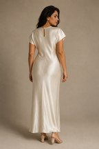 Ivory silk column maxi dress, back view, smooth back and clean lines