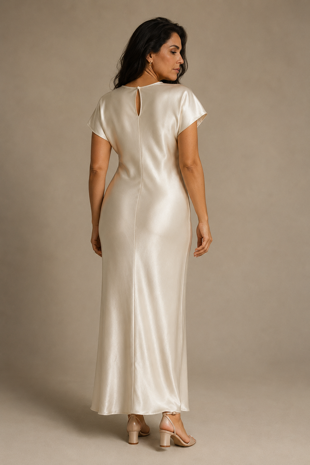 Ivory silk column maxi dress, back view, smooth back and clean lines