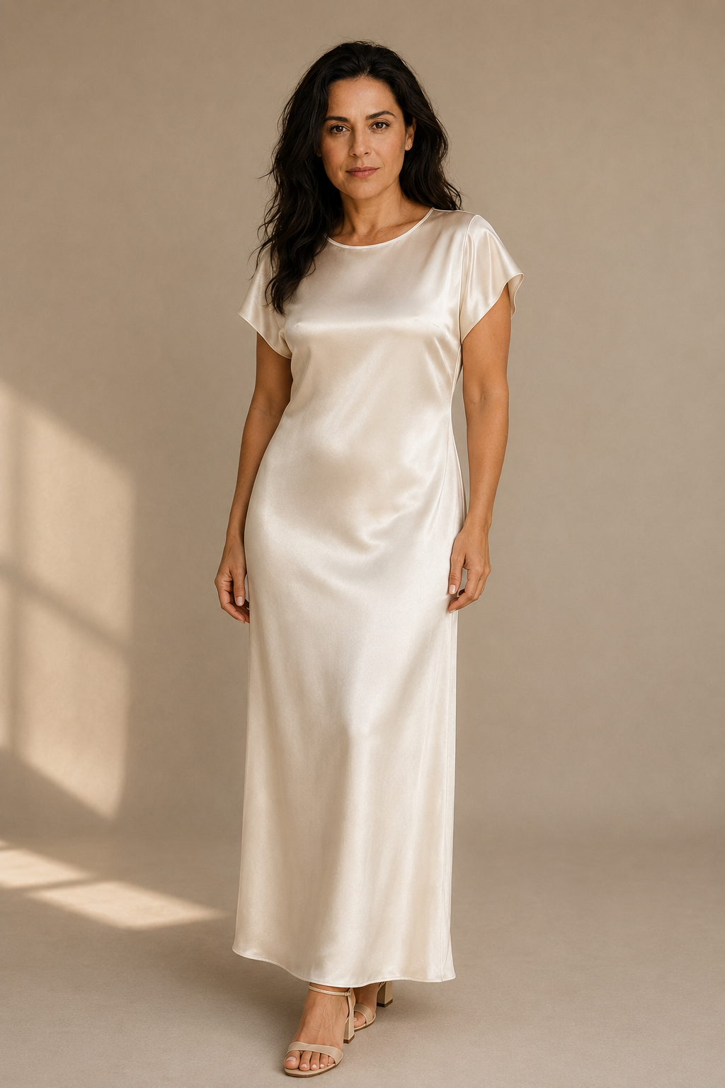 Ivory silk column maxi dress, full front view, column silhouette and fluid drape