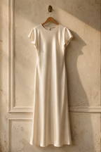 Ivory silk column maxi dress, hanging on wooden hanger against plaster wall