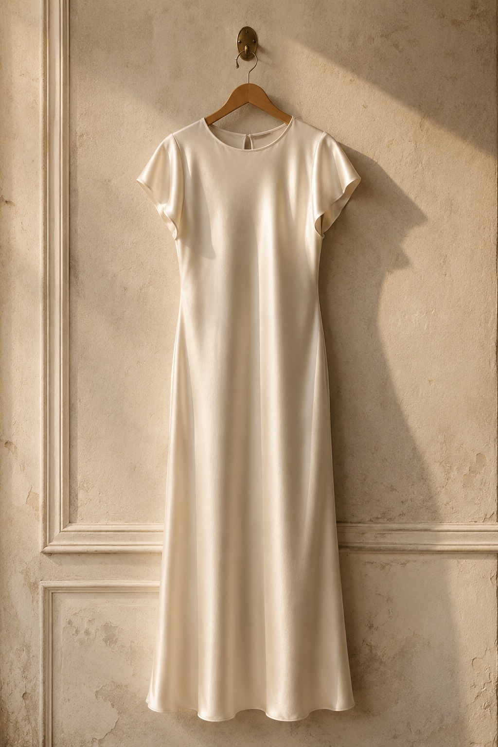 Ivory silk column maxi dress, hanging on wooden hanger against plaster wall