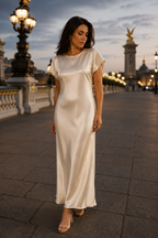 Ivory silk column maxi dress, front view, round neckline and short cap sleeves