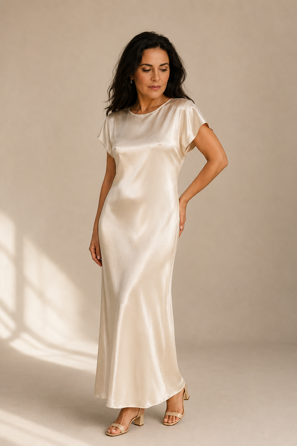 Ivory silk column maxi dress, three-quarter view, flowing maxi length and soft fabric