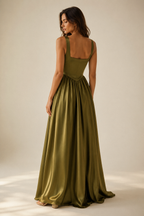 Olive green silk a-line maxi dress, back view, clean lines, full skirt drape