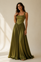Olive green silk a-line maxi dress, full front view, full gathered skirt, maxi length