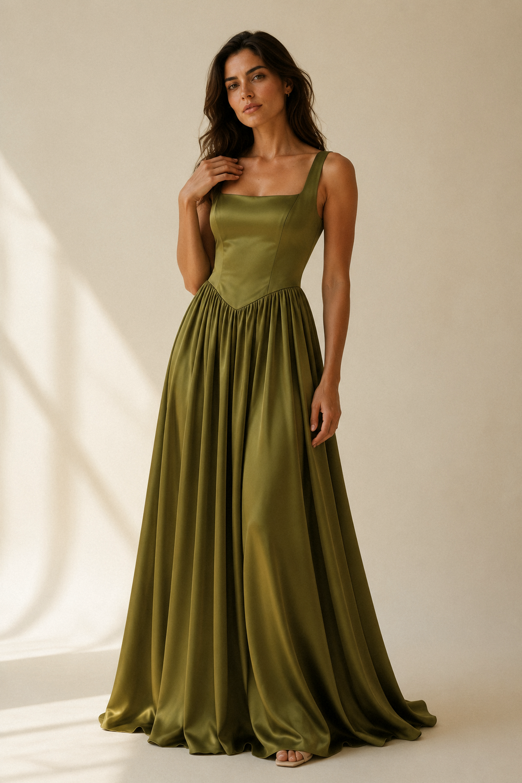 Olive green silk a-line maxi dress, full front view, full gathered skirt, maxi length