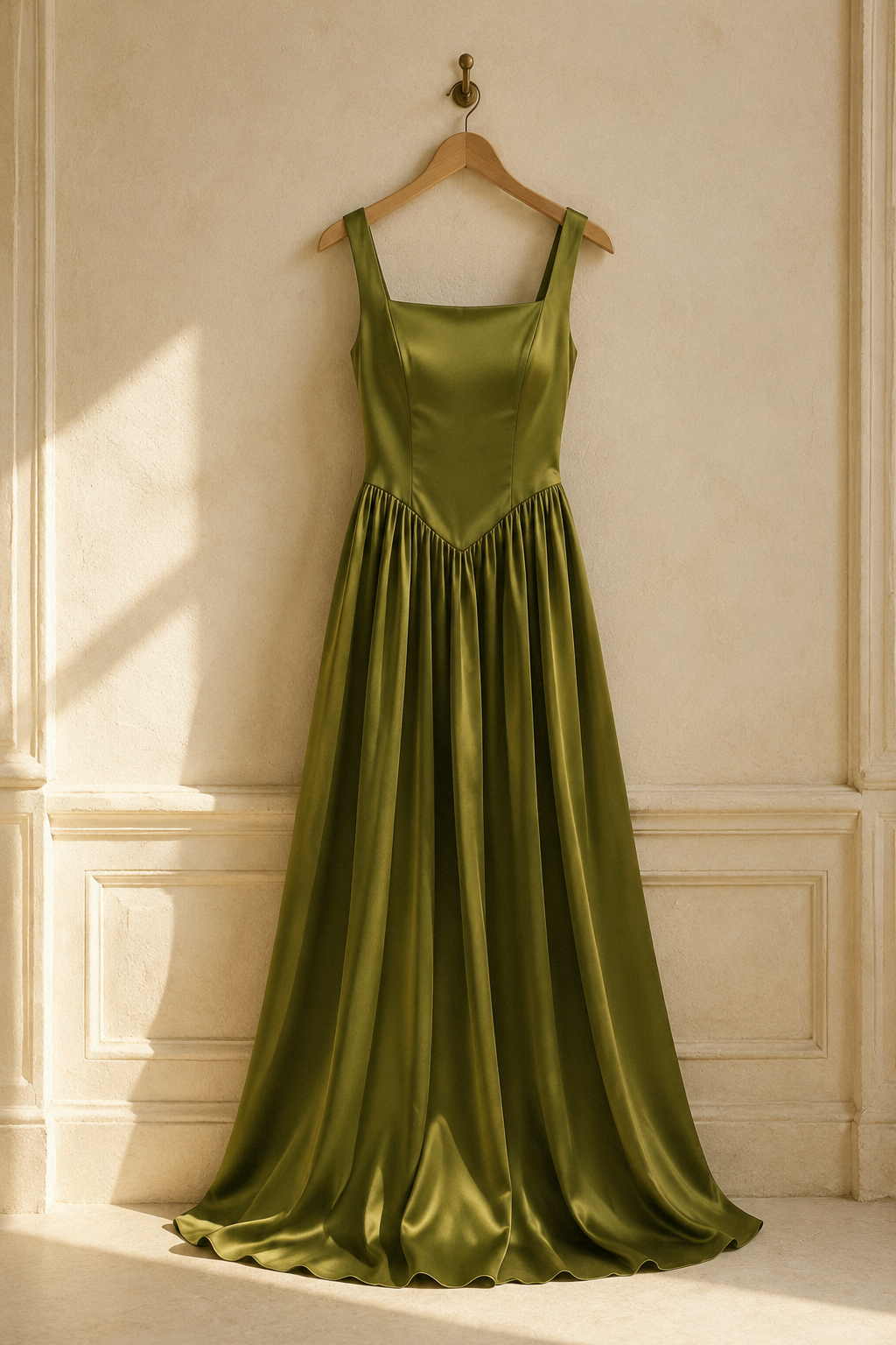 Olive green silk a-line maxi dress, hanging on wooden hanger against plaster wall