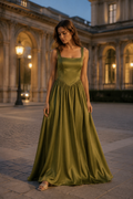 Olive green silk a-line maxi dress, front view, square neckline, fitted bodice