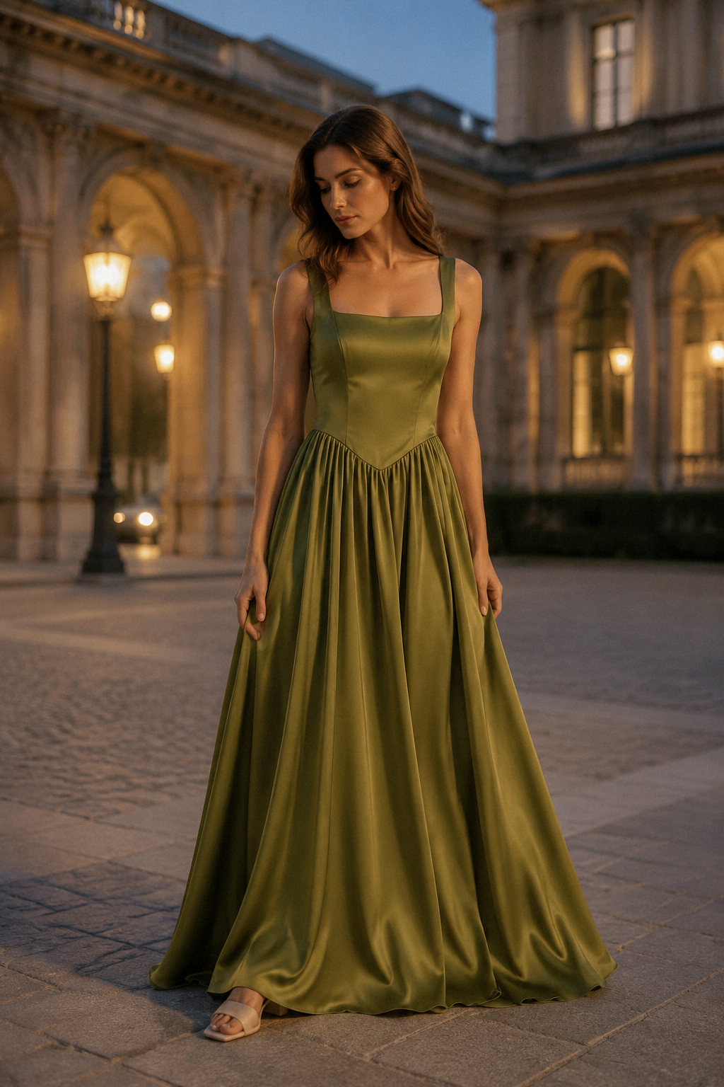 Olive green silk a-line maxi dress, front view, square neckline, fitted bodice