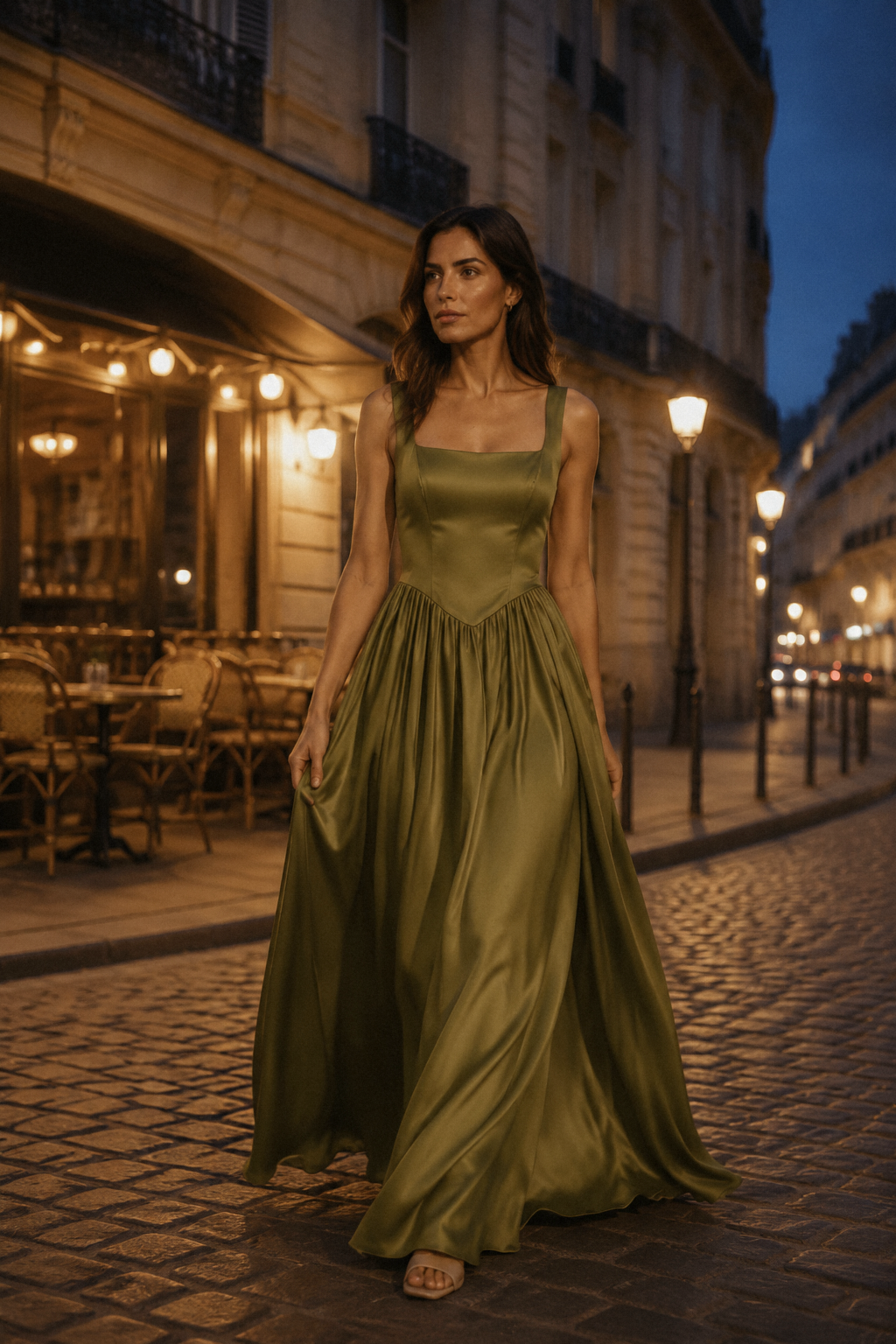 Olive green silk a-line maxi dress, lifestyle, evening walk, soft light