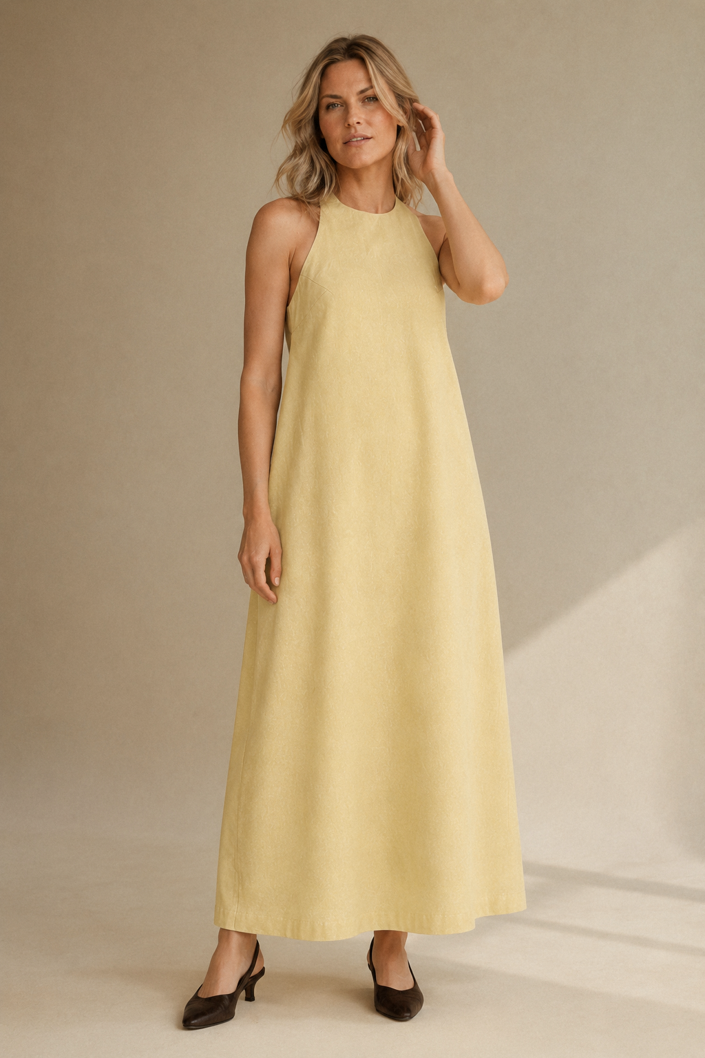 Pale yellow linen shift maxi dress, full front view, relaxed fit and long length