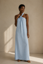 Light blue linen shift maxi dress, full front view, relaxed fit and soft linen drape