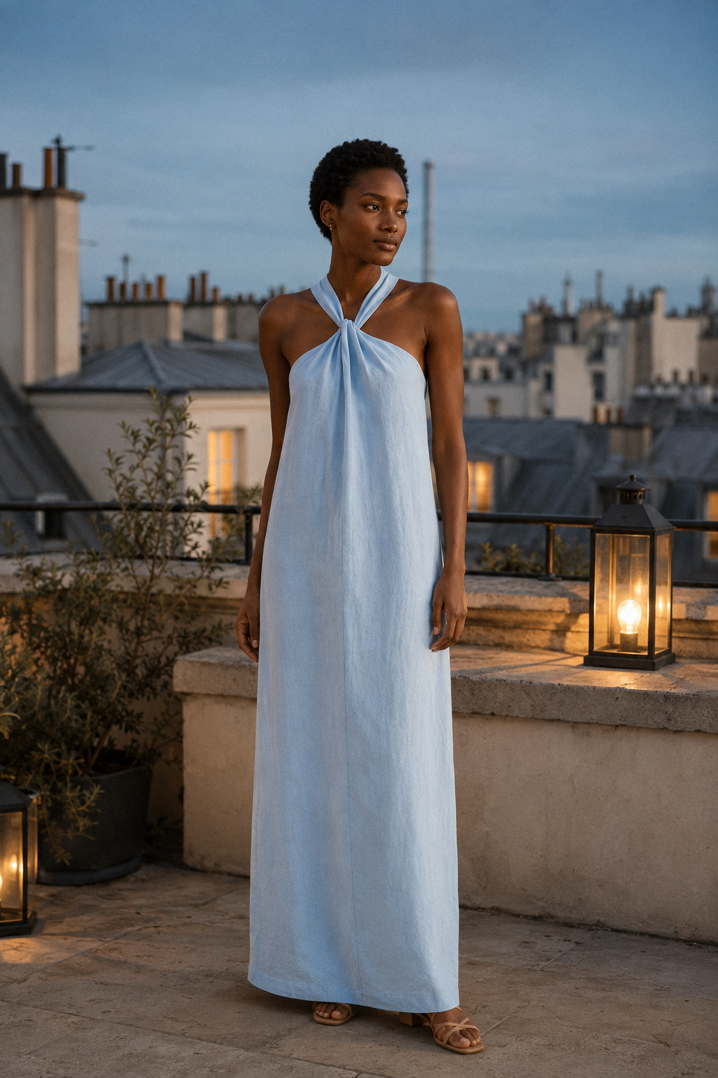 Light blue linen shift maxi dress, lifestyle, coastal view, sunlit terrace