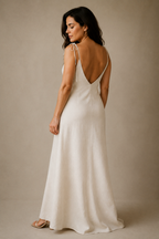 Ivory linen slip maxi dress, back view, deep V-back and slender straps