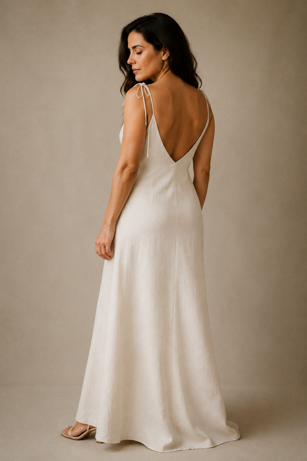 Ivory linen slip maxi dress, back view, deep V-back and slender straps
