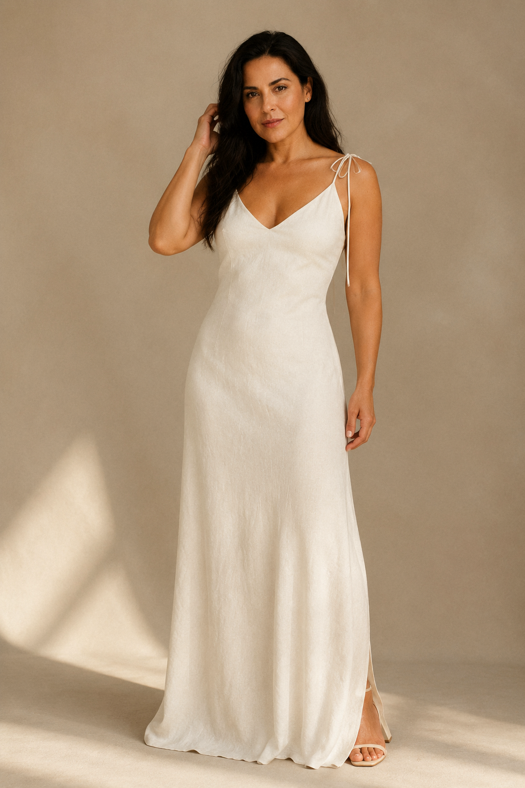 Ivory linen slip maxi dress, full front view, simple front, soft drape