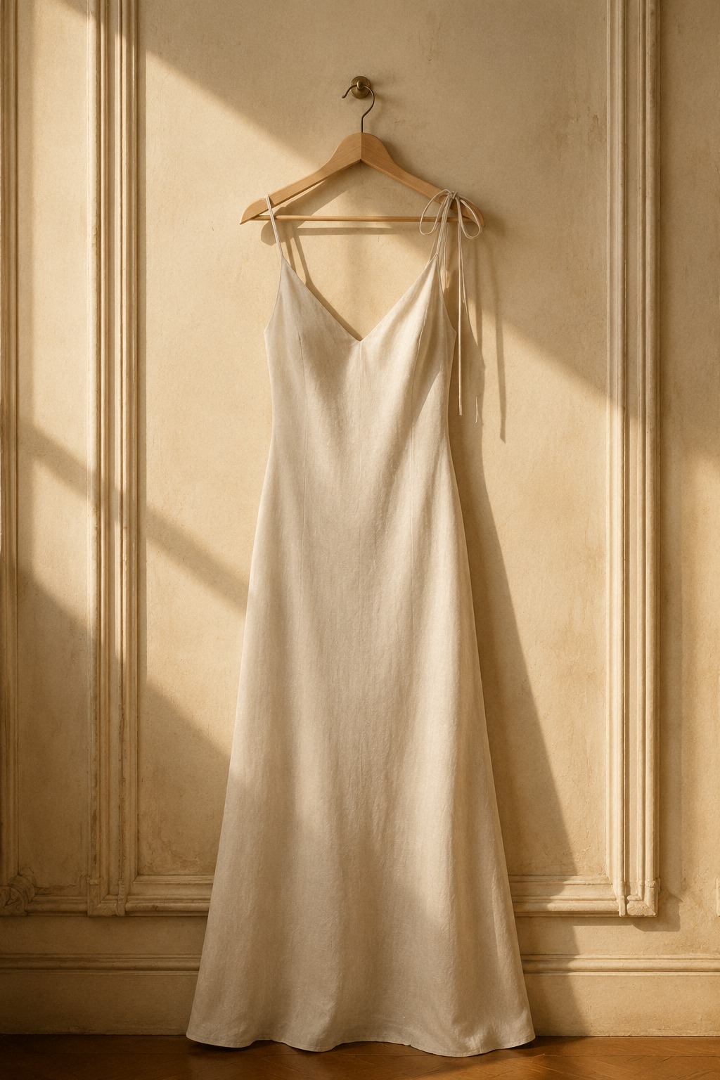 Ivory linen slip maxi dress, hanging on wooden hanger against plaster wall