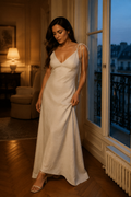 Ivory linen slip maxi dress, front view, flowing maxi and delicate straps