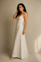 Ivory linen slip maxi dress, three-quarter view, maxi length and natural linen texture