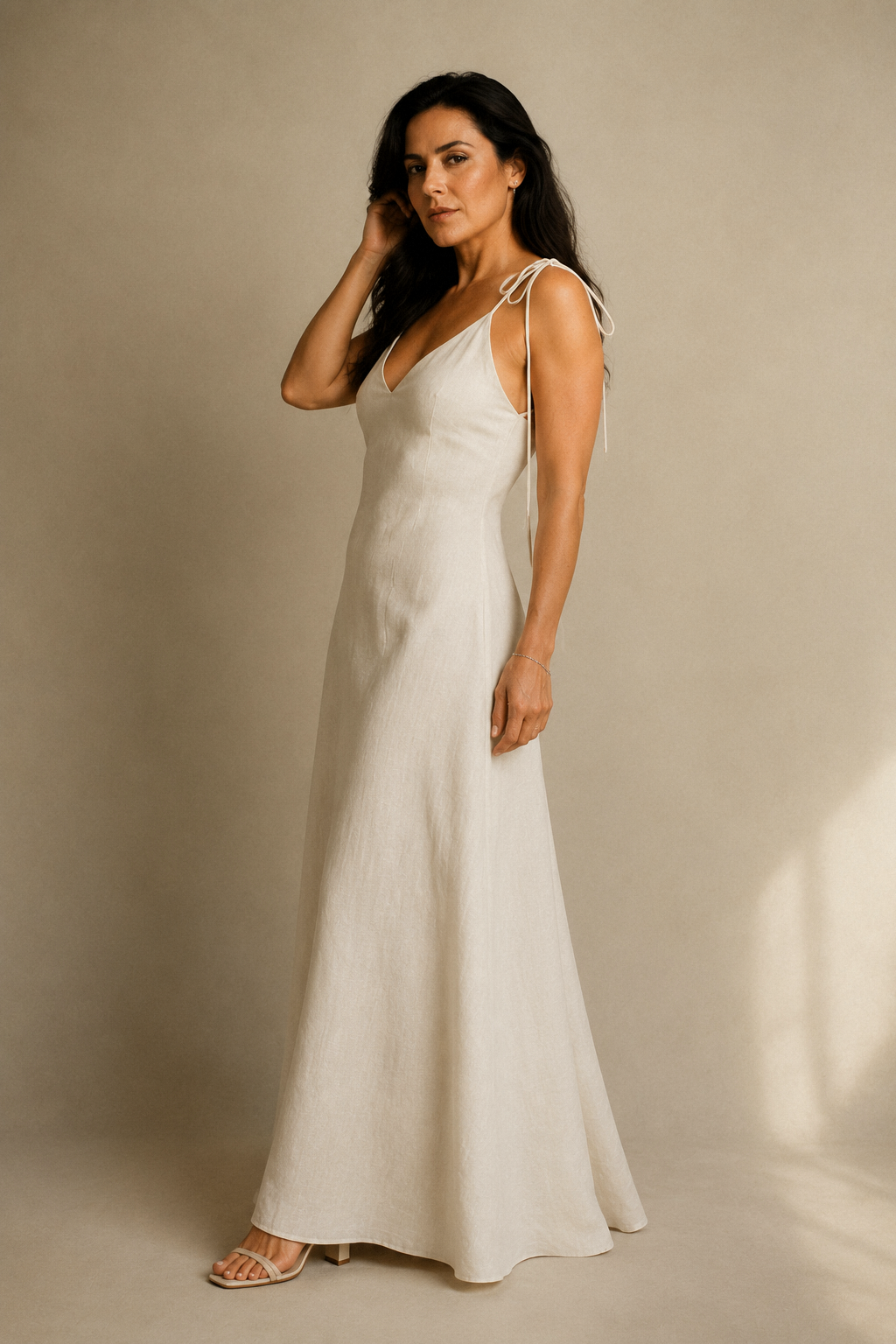 Ivory linen slip maxi dress, three-quarter view, maxi length and natural linen texture