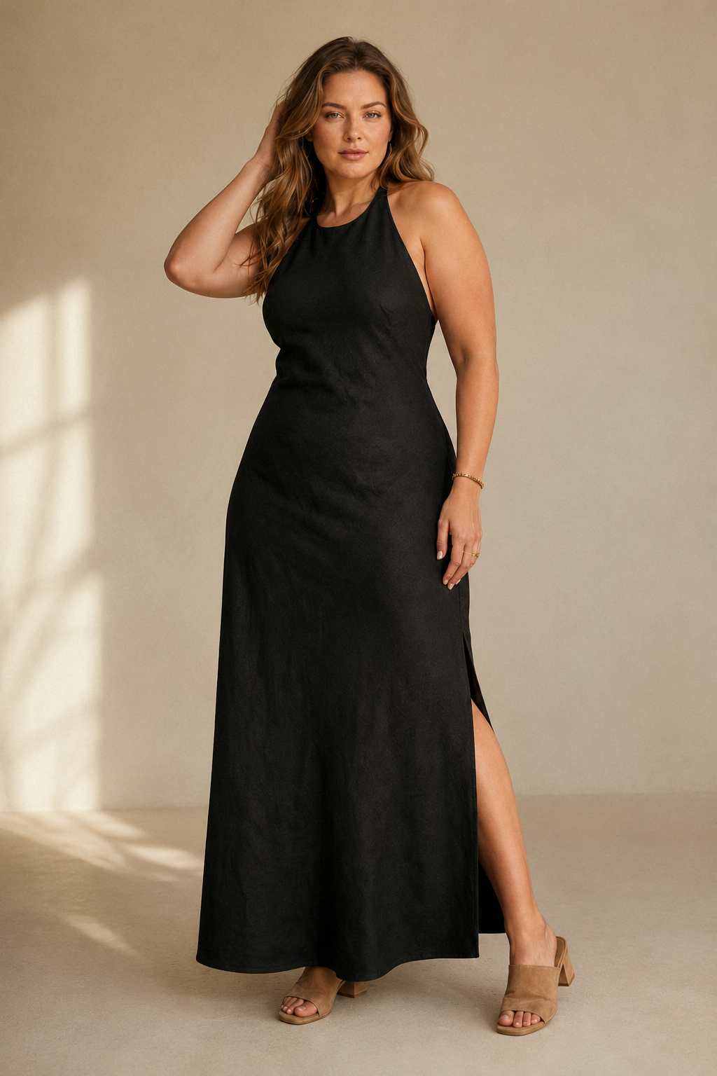 Black linen column maxi dress, full front view, high neck and relaxed column drape