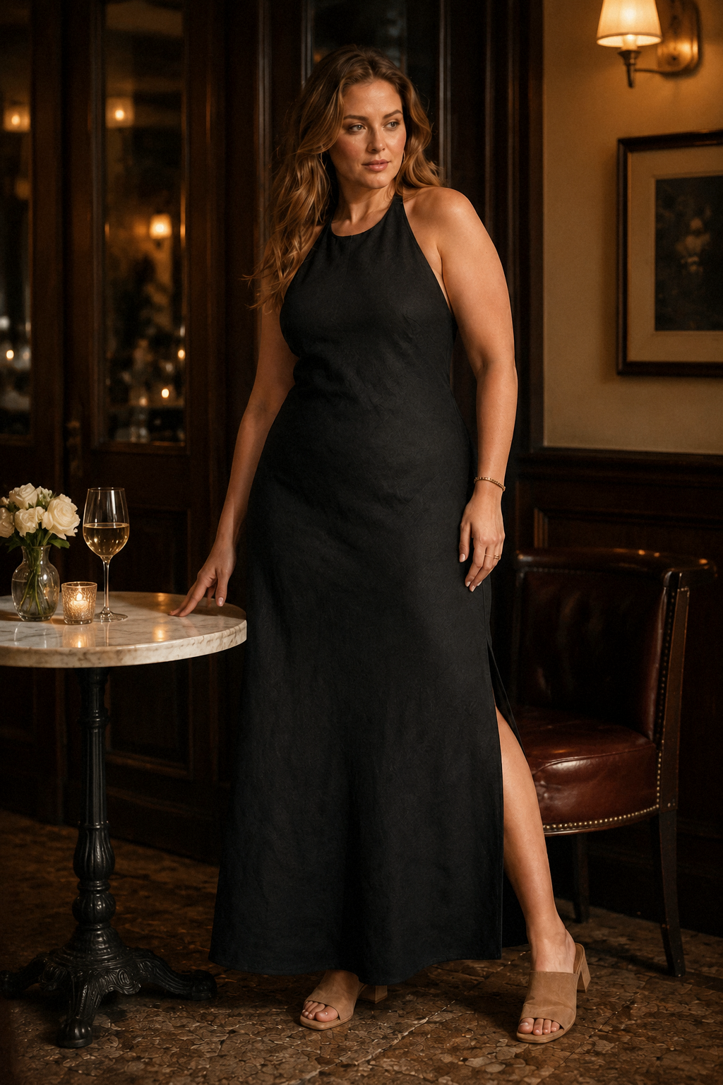 Black linen column maxi dress, lifestyle, verdant setting, warm light, relaxed posture