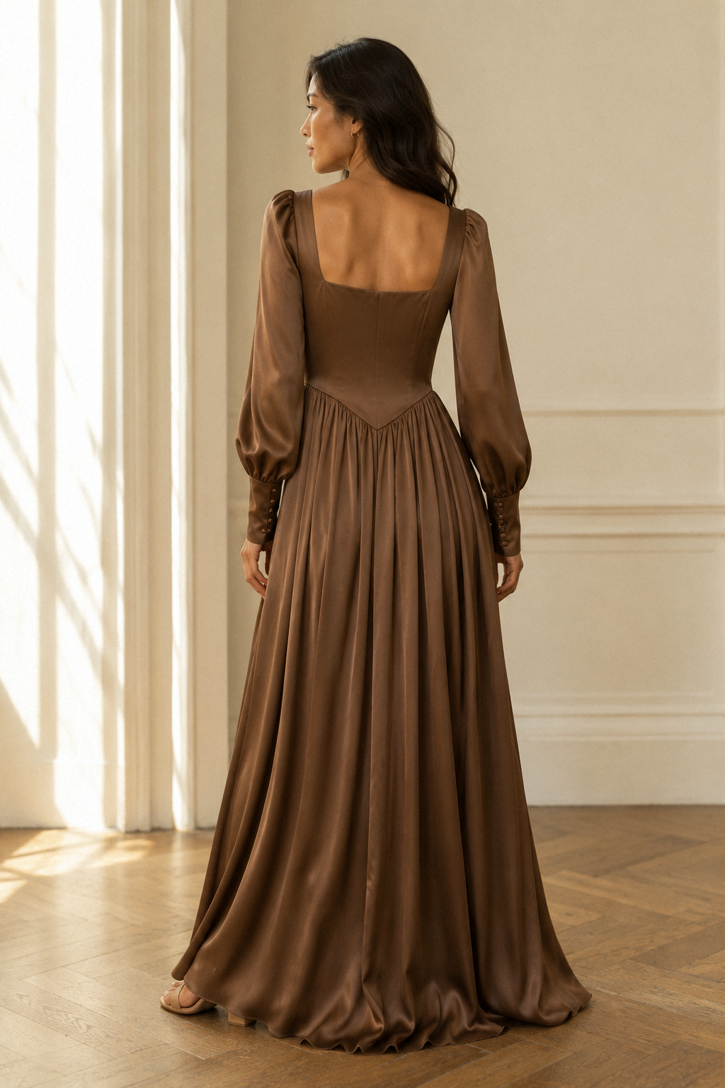 Mocha brown crepe a-line maxi dress, back view, smooth back and defined waist