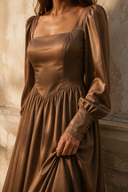 Mocha brown crepe a-line maxi dress, fabric detail, fabric texture in raking light