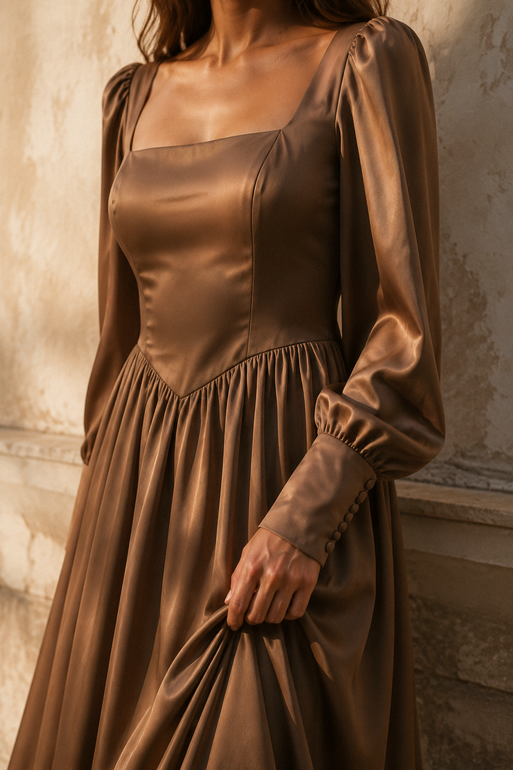 Mocha brown crepe a-line maxi dress, fabric detail, fabric texture in raking light
