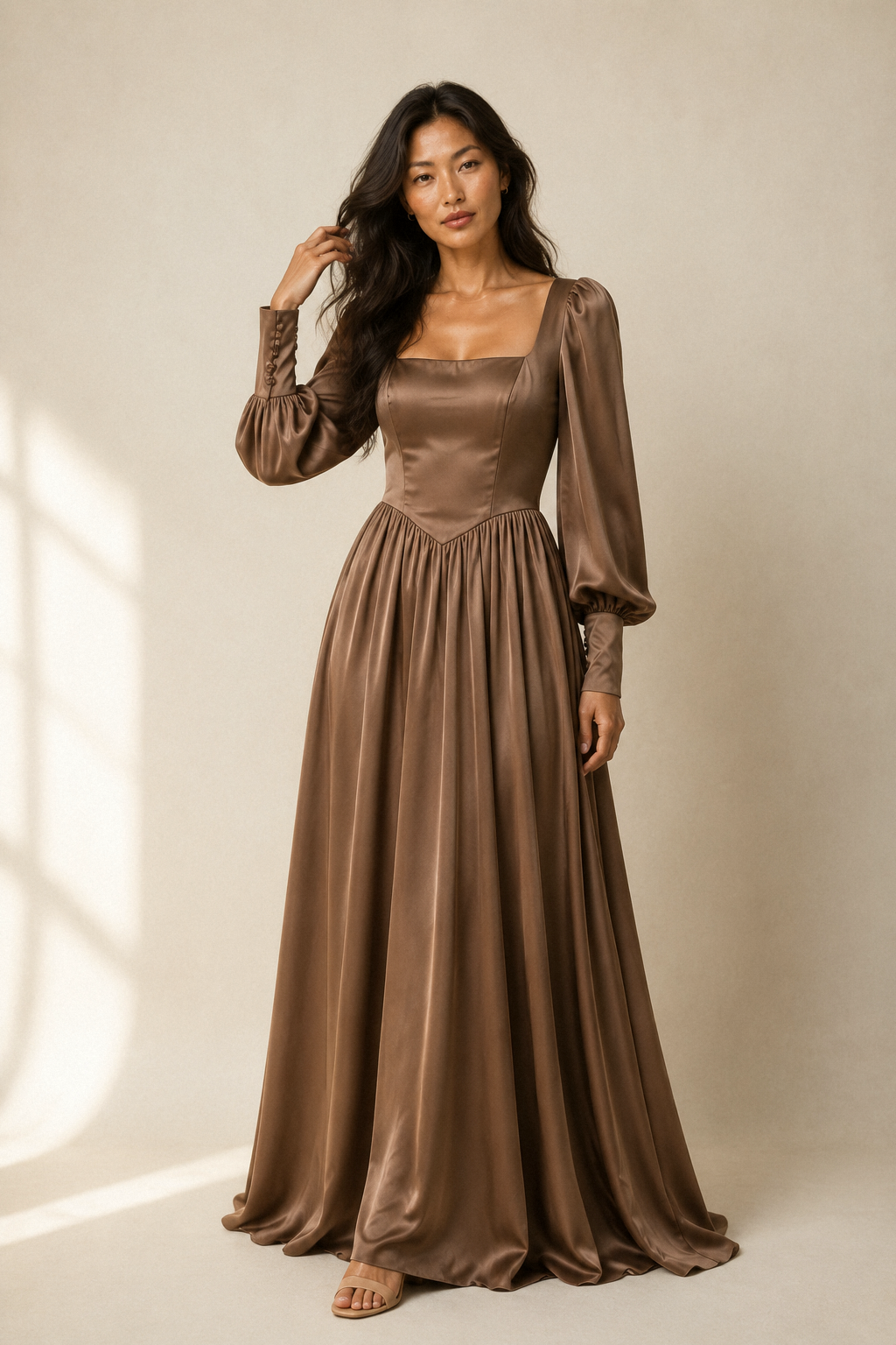 Mocha brown crepe a-line maxi dress, full front view, fitted bodice and gathered maxi skirt