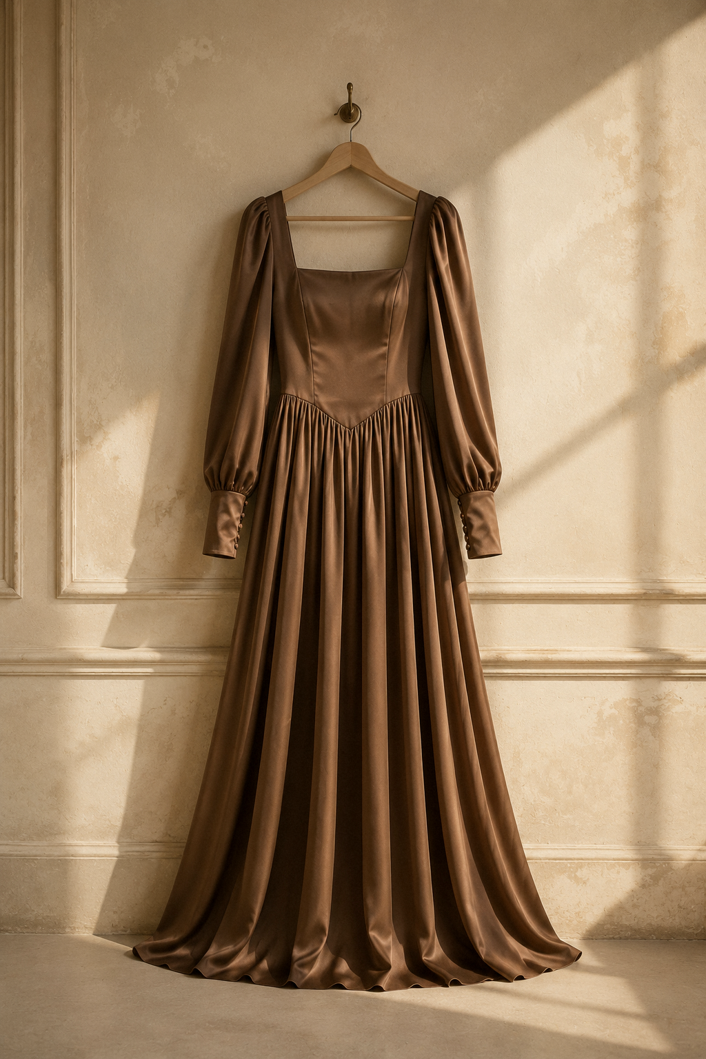 Mocha brown crepe a-line maxi dress, hanging on wooden hanger against plaster wall