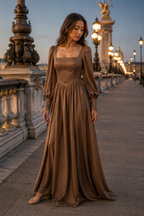 Mocha brown crepe a-line maxi dress, front view, square neckline and long sleeves
