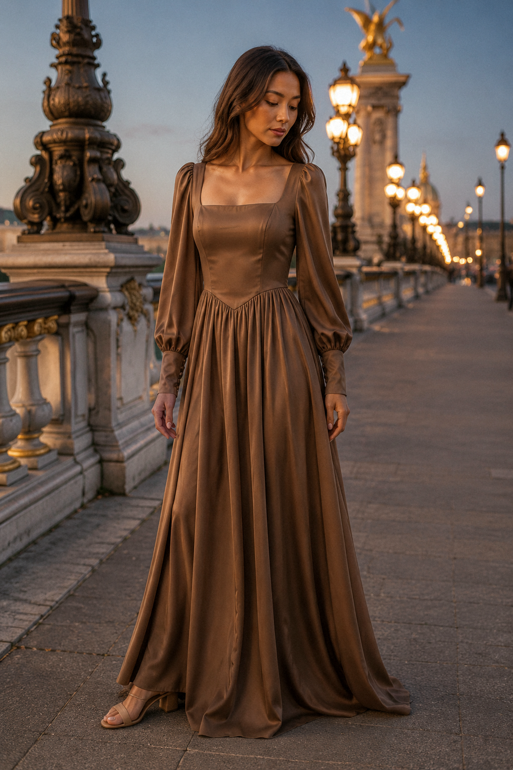 Mocha brown crepe a-line maxi dress, front view, square neckline and long sleeves