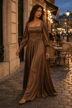 Mocha brown crepe a-line maxi dress, lifestyle, quiet afternoon with natural light