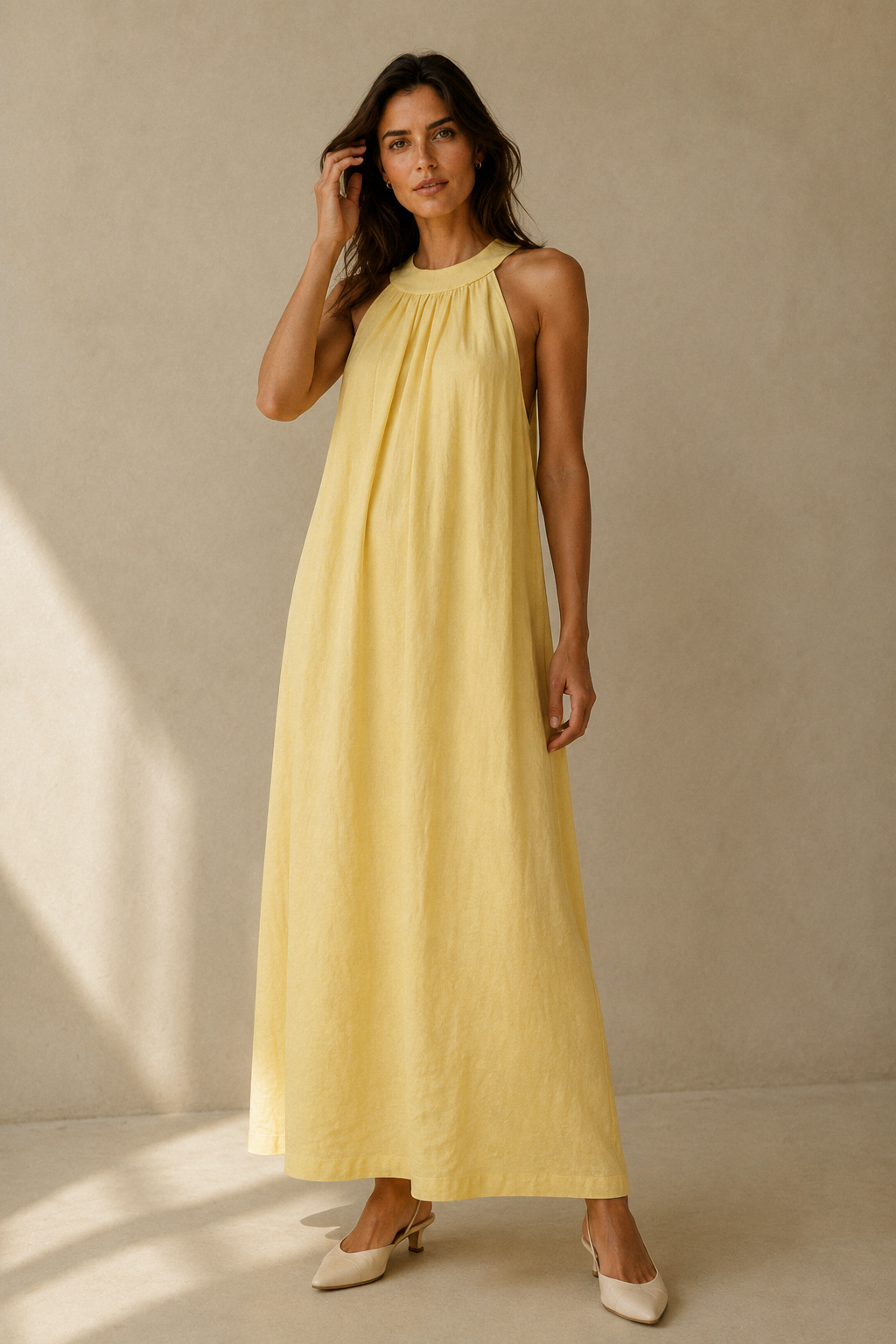 Butter yellow linen shift maxi dress, full front view, gathered halter neckline and relaxed fit