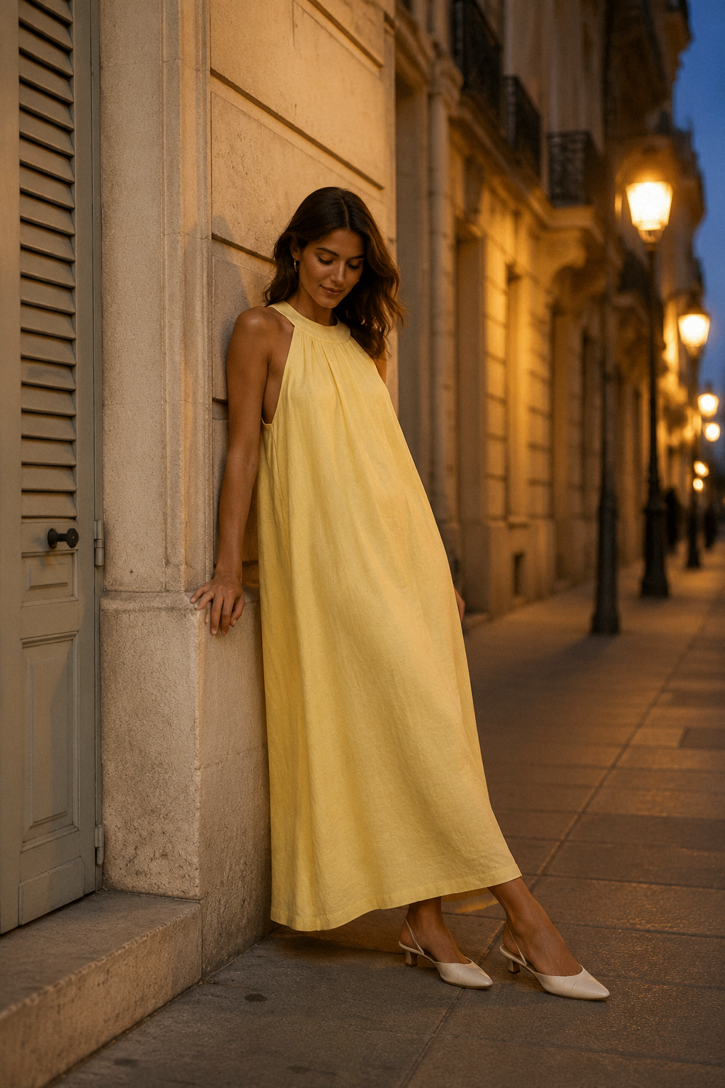 Butter yellow linen shift maxi dress, front view, halter neck and flowing linen maxi dress