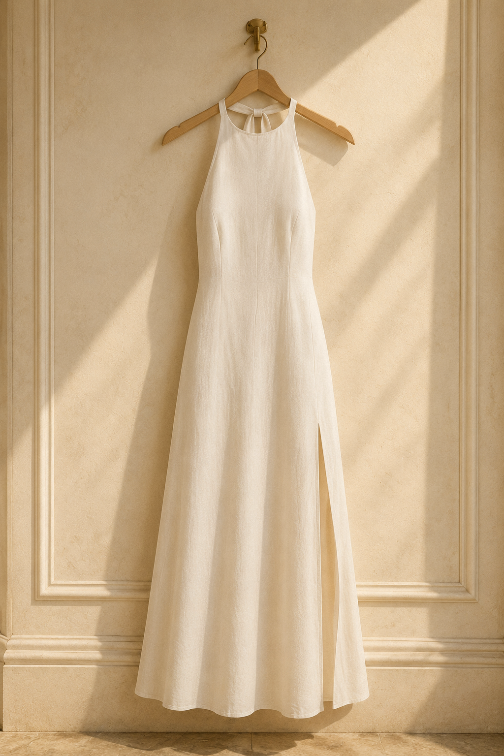 Ivory linen shift maxi dress, hanging on wooden hanger against plaster wall