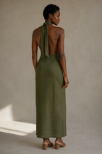 Olive green linen column maxi dress, back view, unseen back with a graceful line