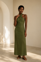 Olive green linen column maxi dress, full front view, smooth bodice and straight skirt
