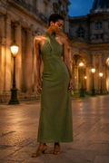 Olive green linen column maxi dress, front view, halter neckline and column silhouette