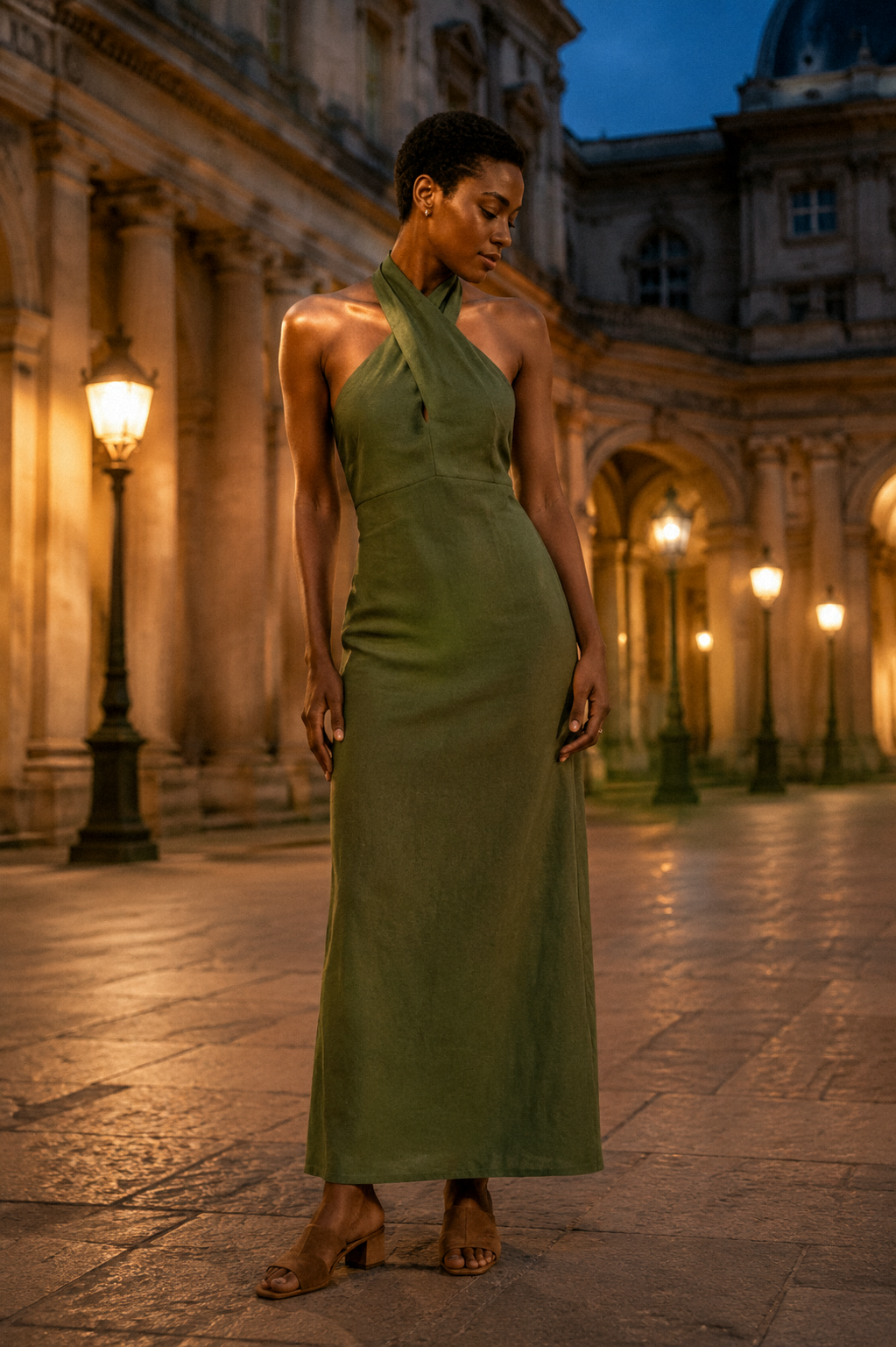 Olive green linen column maxi dress, front view, halter neckline and column silhouette