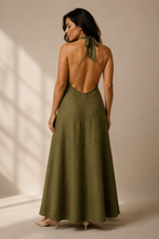 Olive green linen a-line maxi dress, back view, halter back and flowing skirt