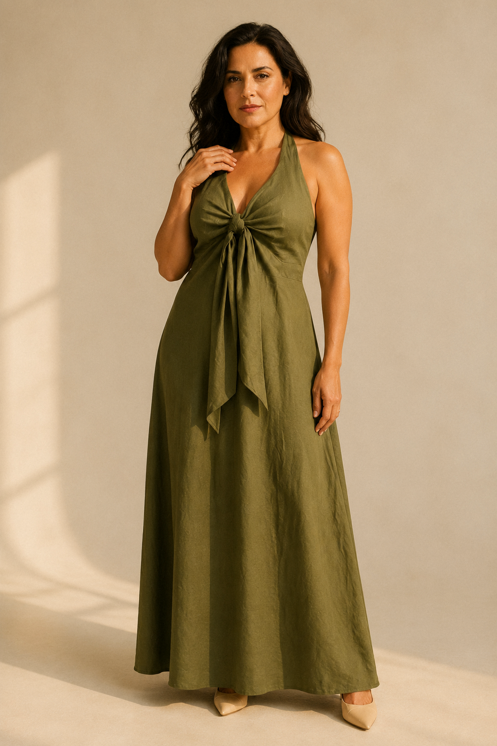 Olive green linen a-line maxi dress, full front view, flowing A-line skirt and halter neckline