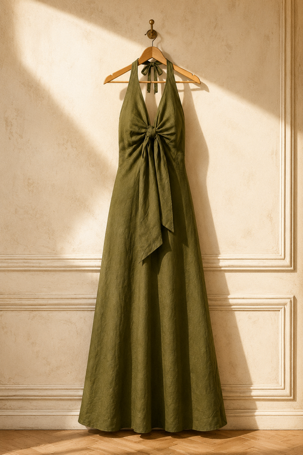 Olive green linen a-line maxi dress, hanging on wooden hanger against plaster wall