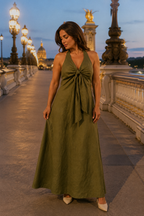 Olive green linen a-line maxi dress, front view, halter neckline and front tie detail