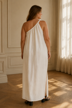 White linen shift maxi dress, back view, clean back, flowing drape, simple lines