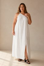 White linen shift maxi dress, full front view, relaxed fit, textured linen, maxi length